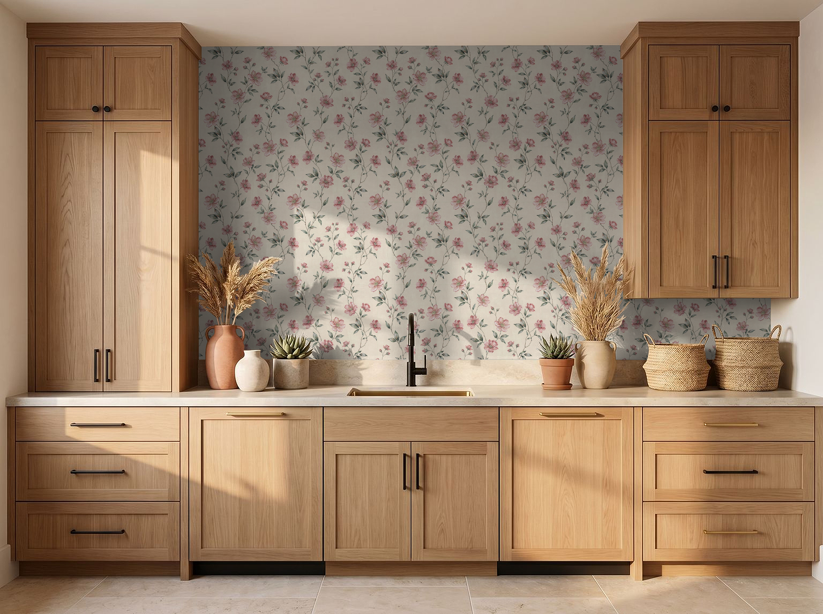 Blush floral wallpaper in rustic kitchen with wooden cabinets and decor.