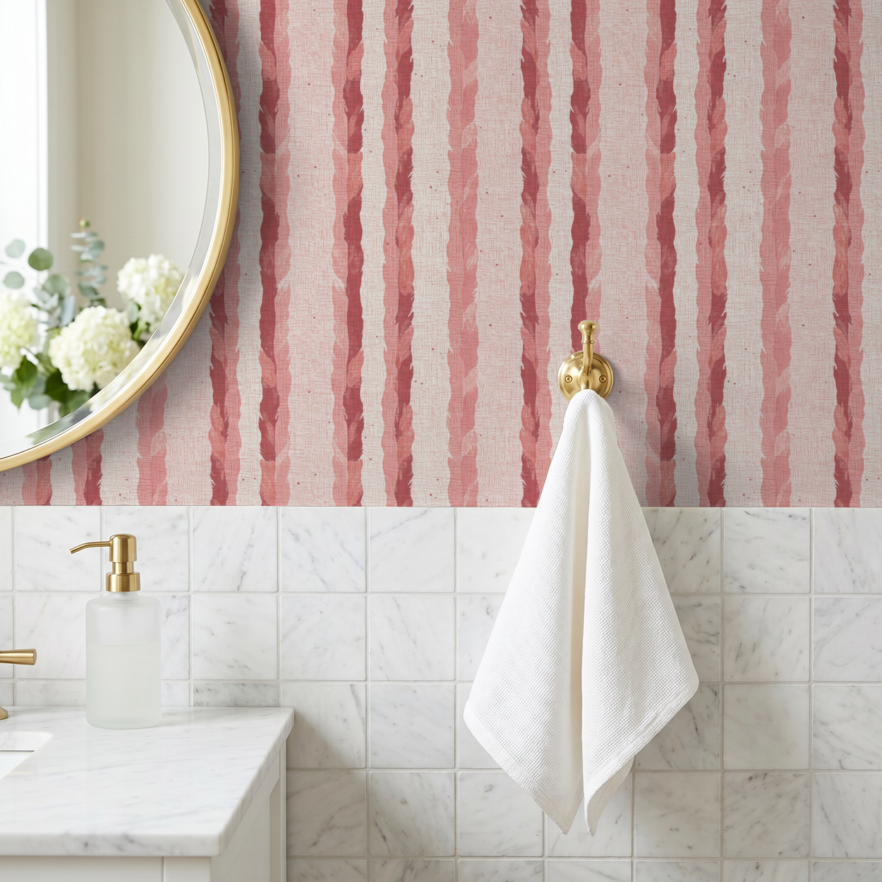Blush and rose feather stripe wallpaper in elegant bathroom setting.