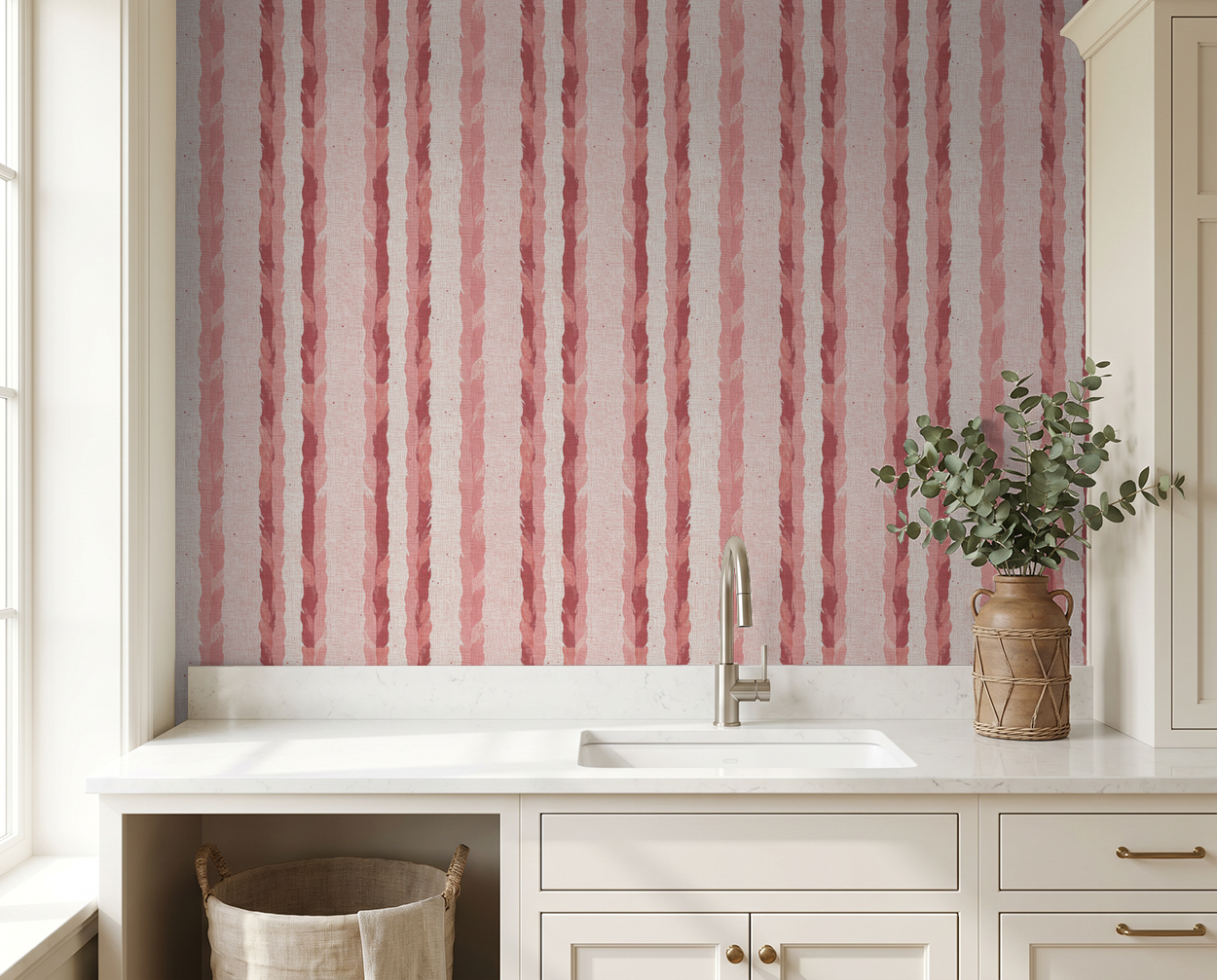 Blush and rose feather-striped wallpaper in a cozy kitchen setting.