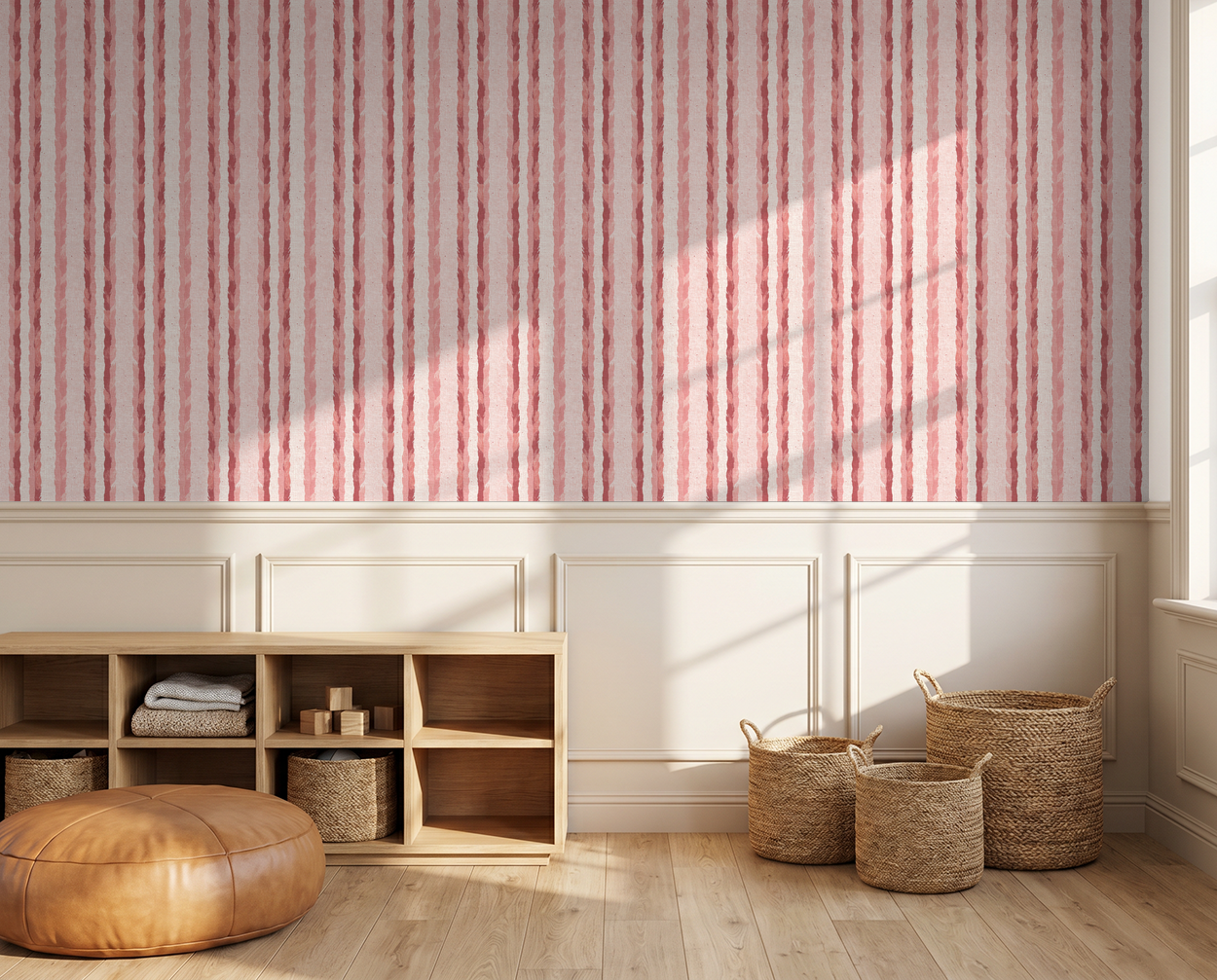 Blush and rose striped wallpaper with feather motifs in a cozy living room setting.