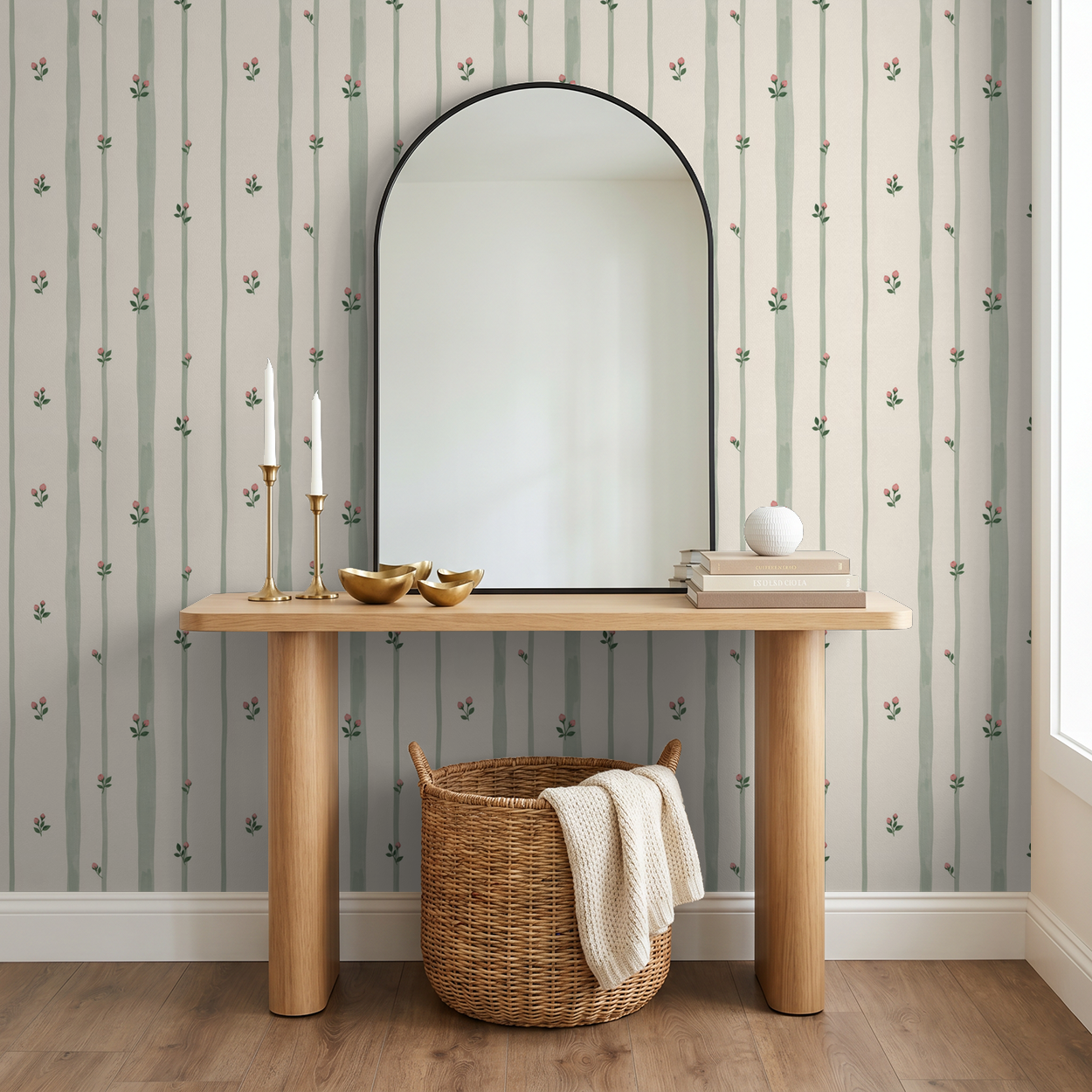 Bordeaux Bloom wallpaper with sage green stripes and pink buds in modern room setting.