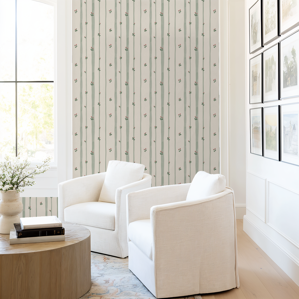 Bordeaux Bloom wallpaper with sage green stripes and pink buds in a modern living room.