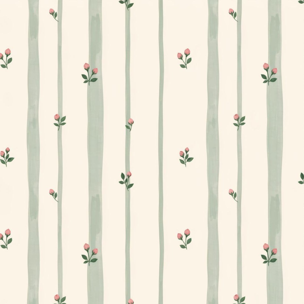 Bordeaux Bloom wallpaper with sage green stripes and pink buds