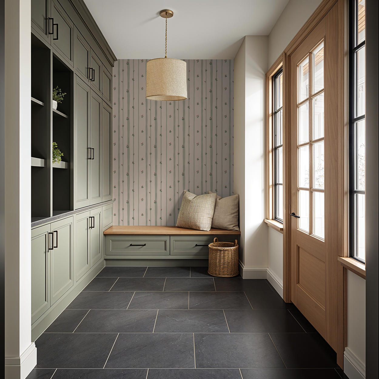 Bordeaux Bloom wallpaper with sage green stripes and pink buds in a cozy mudroom.