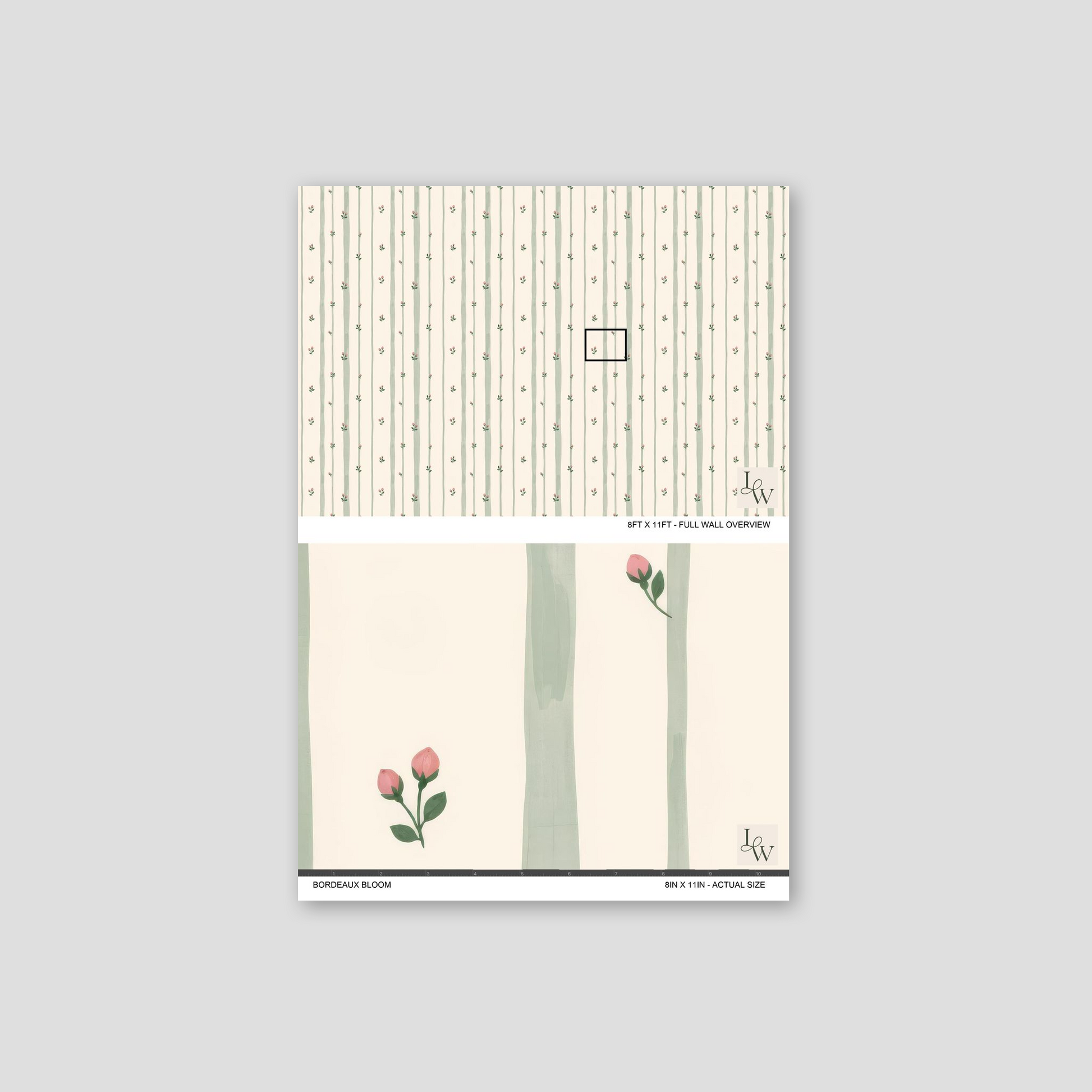 Bordeaux Bloom wallpaper with sage green stripes and pink buds sample.