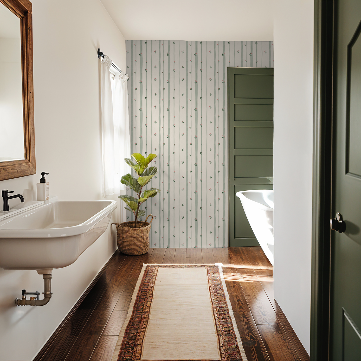 Bathroom with Bordeaux Bloom wallpaper, sage stripes, pink buds, wooden floor.