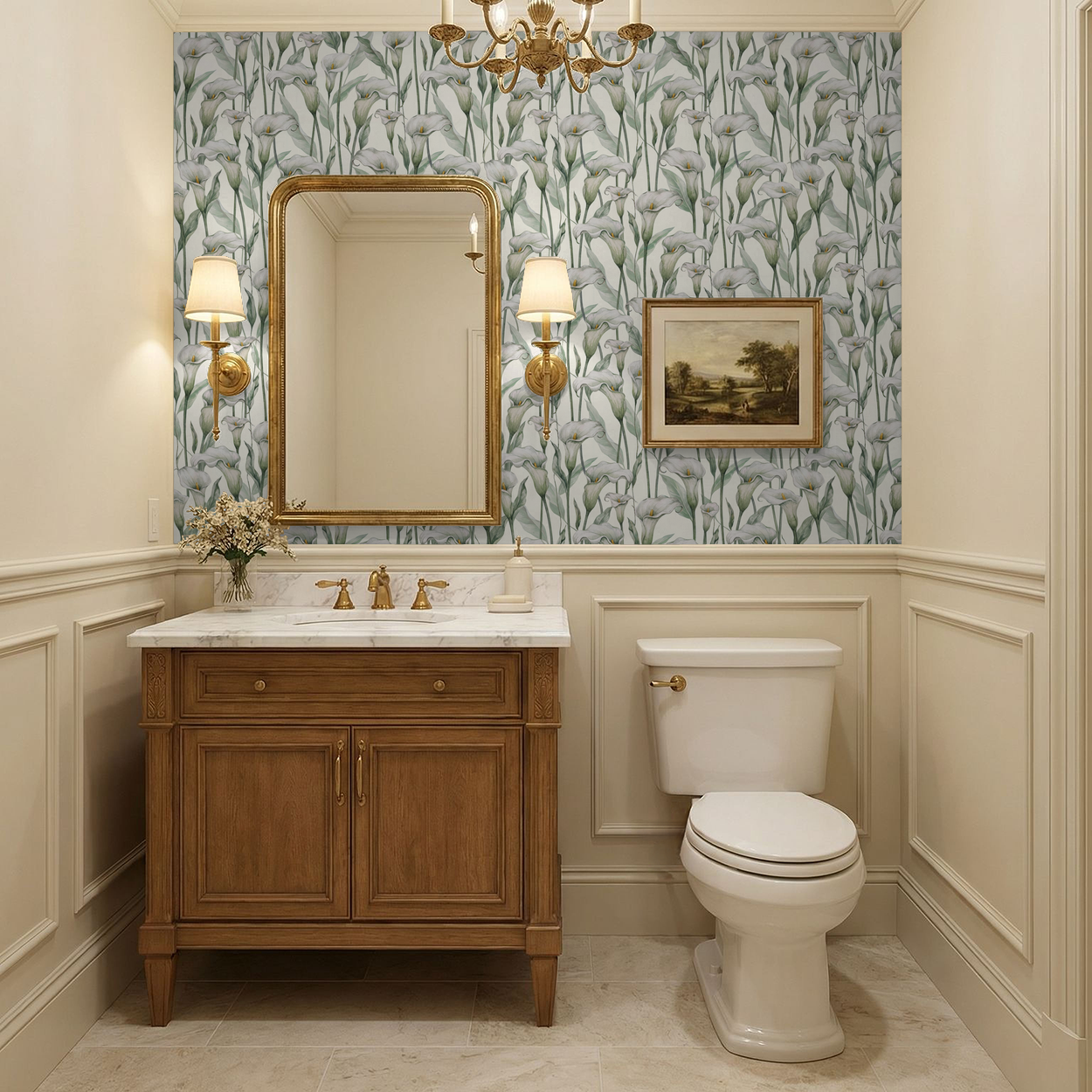 Bathroom with calla lily floral wallpaper, wood vanity, and gold accents.