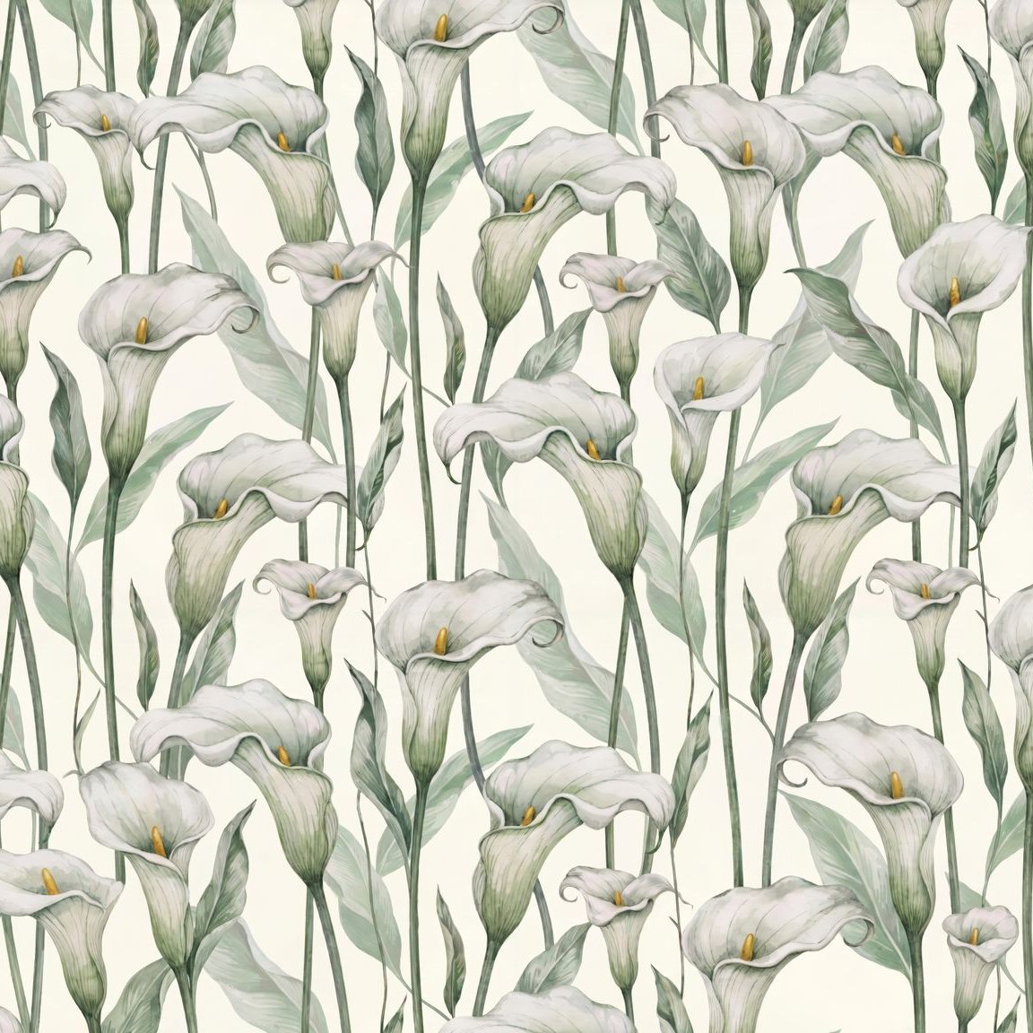 Elegant calla lily floral wallpaper with ivory petals and sage leaves