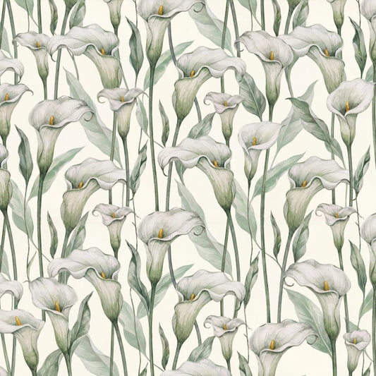 Elegant calla lily floral wallpaper with ivory petals and sage leaves