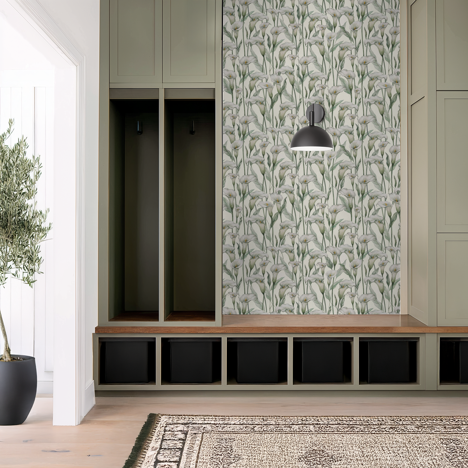 Floral calla lily wallpaper in sage and ivory in a modern entryway.