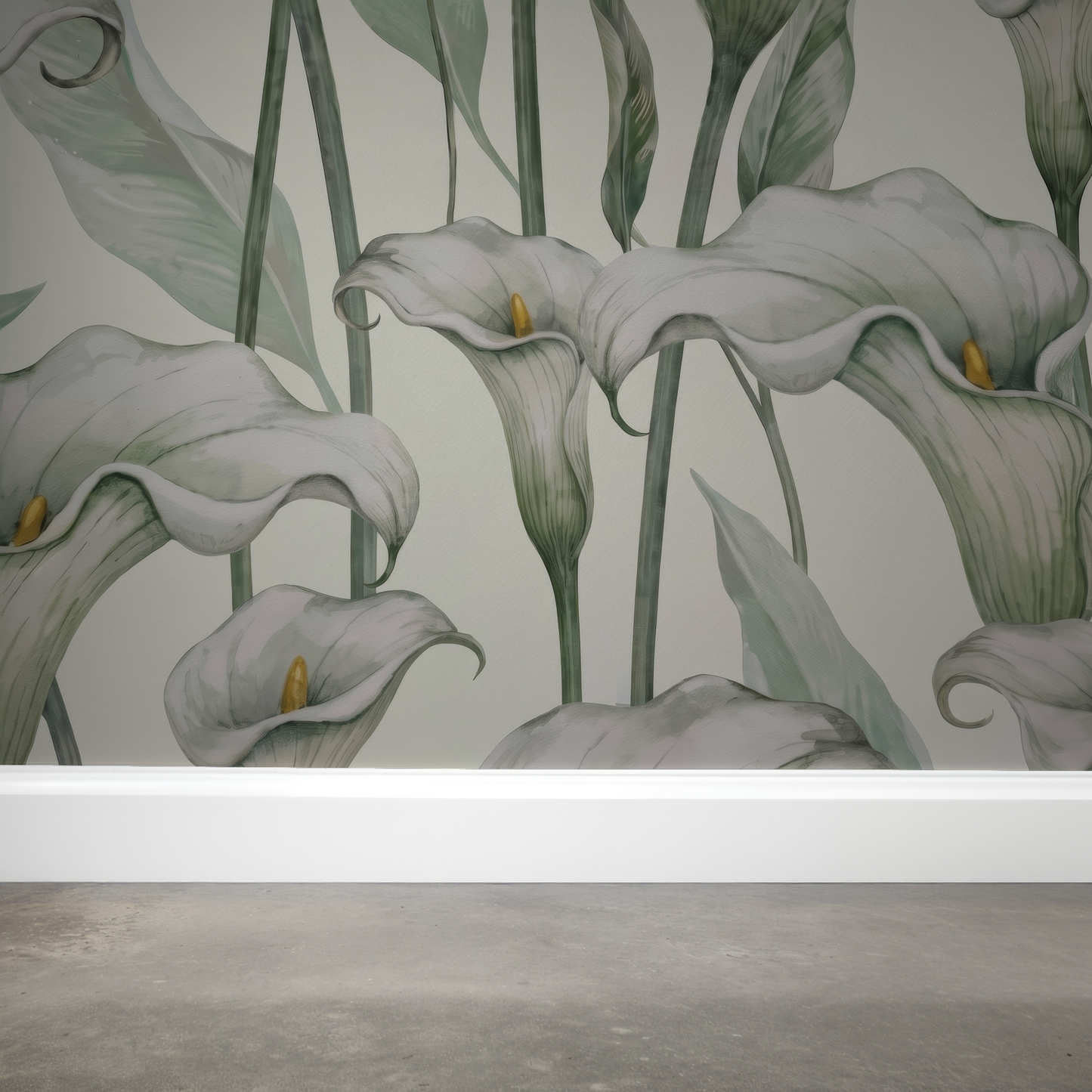 Elegant calla lily wallpaper with ivory petals and sage green leaves.