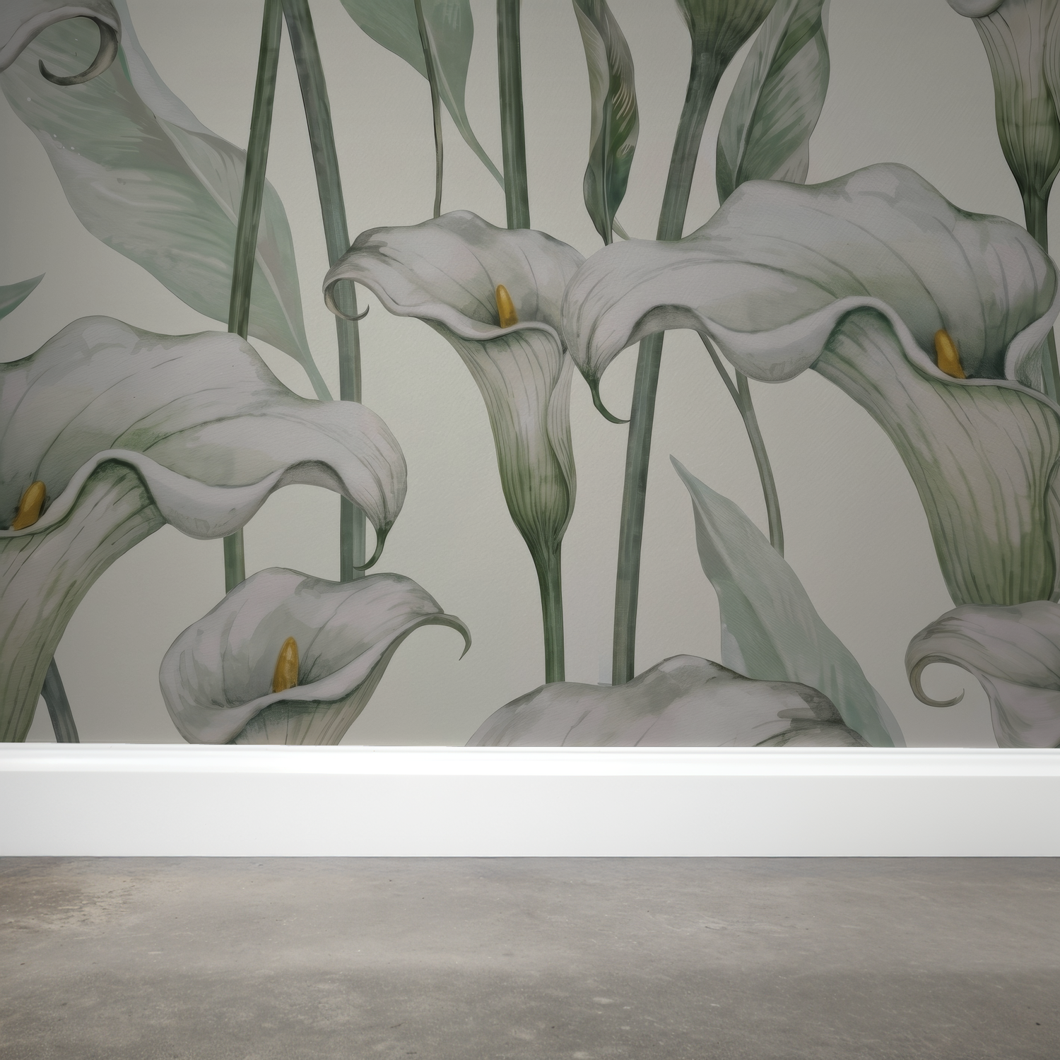 Elegant calla lily wallpaper with ivory petals and sage green leaves.