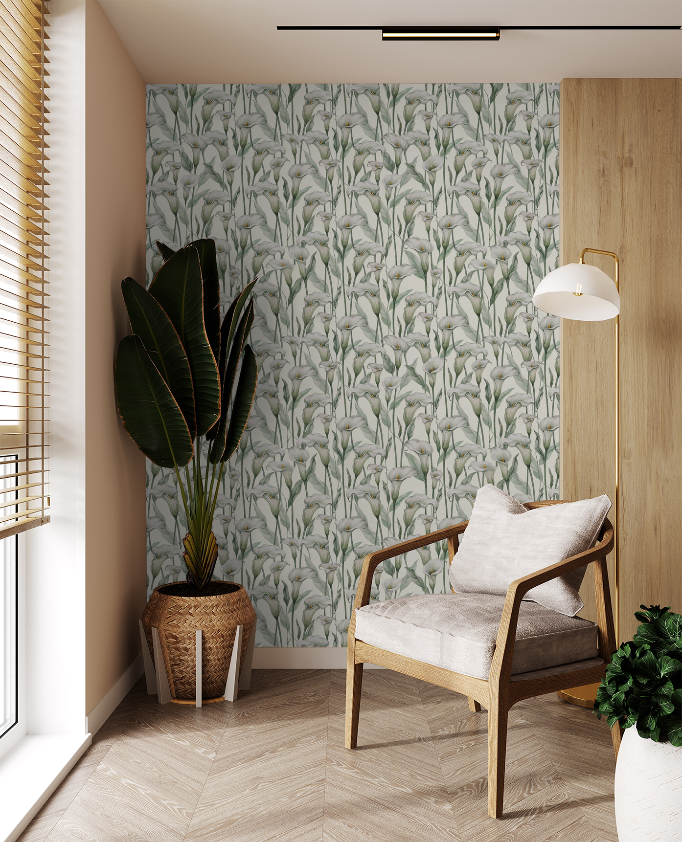 Calla lily wallpaper with ivory petals and sage leaves in a modern living room setting.
