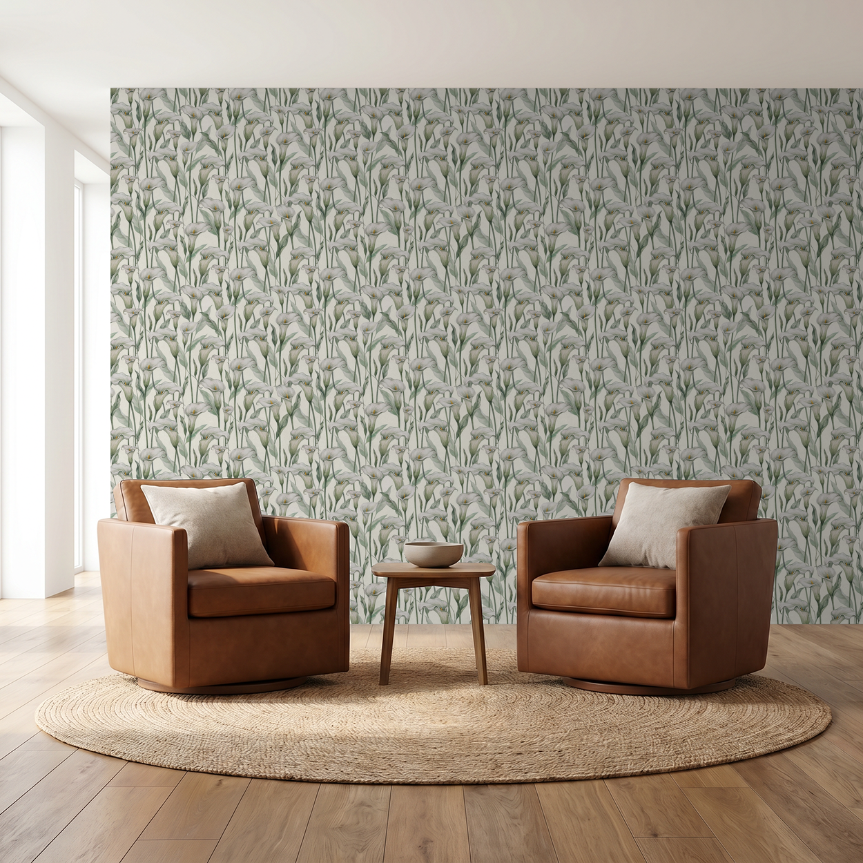 Elegant calla lily wallpaper in a modern living room with leather chairs and a rug.