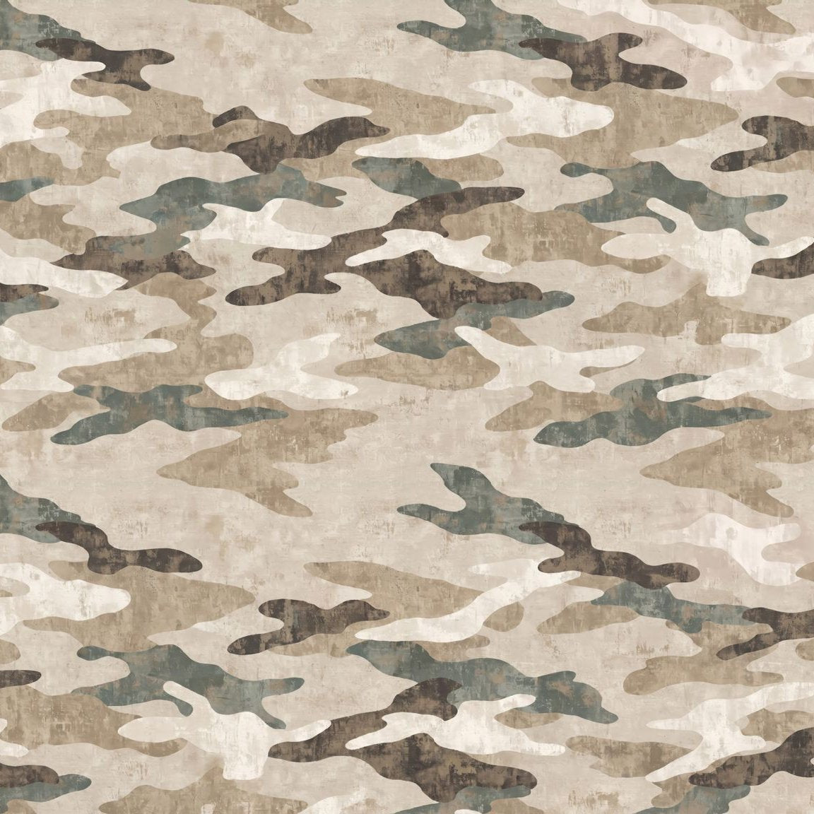 Camouflage wallpaper with organic shapes in beige, olive, and taupe tones.