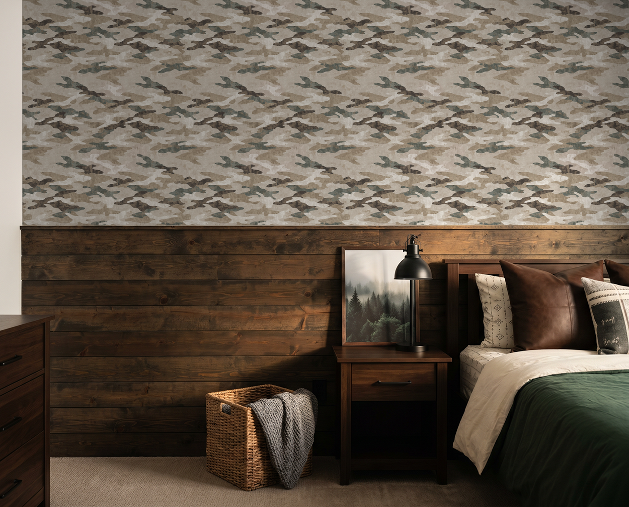 Camouflage wallpaper in earthy tones in a rustic bedroom with wooden decor.