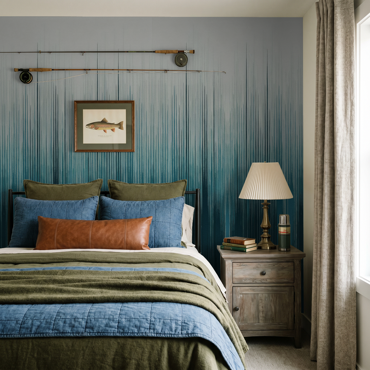 Cerulean Tide wallpaper with vertical teal and navy gradient in cozy bedroom setting.