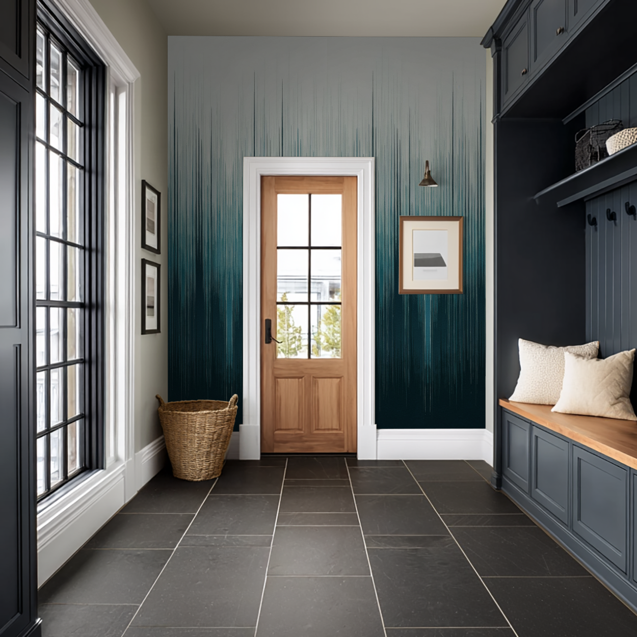 Cerulean Tide wallpaper with teal and navy gradient in modern entryway.