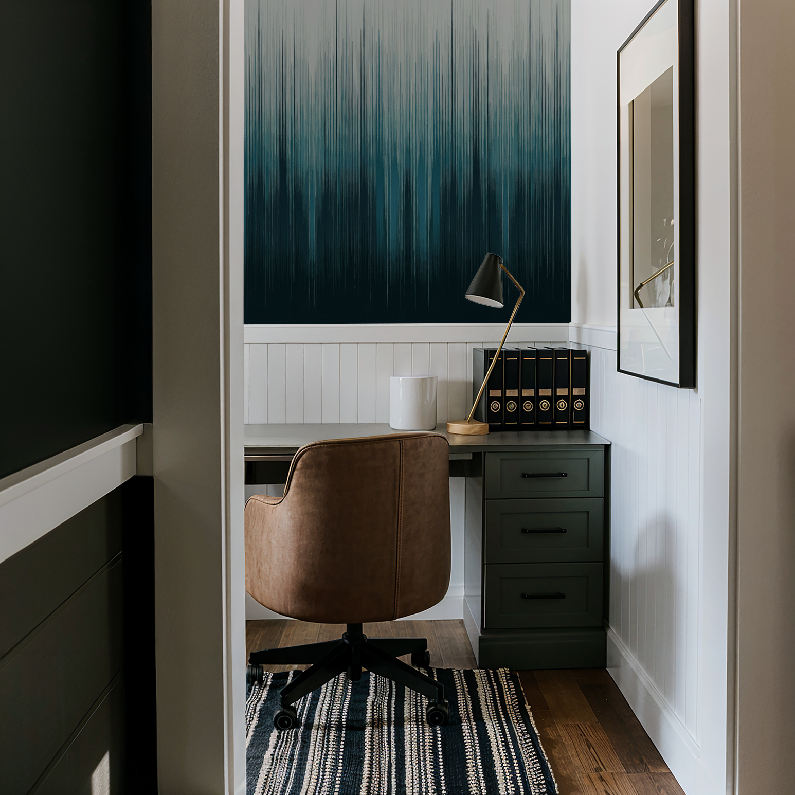 Cerulean Tide wallpaper with teal and navy gradient in modern office setting.