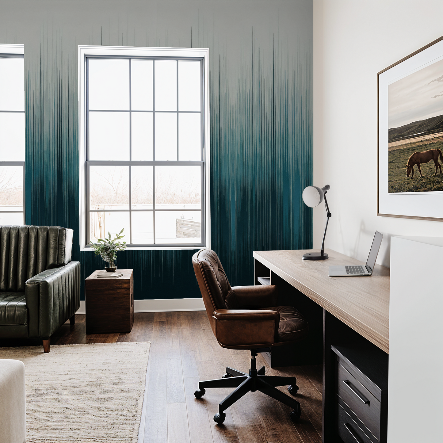 Cerulean Tide wallpaper with teal and navy gradient in modern office setting.