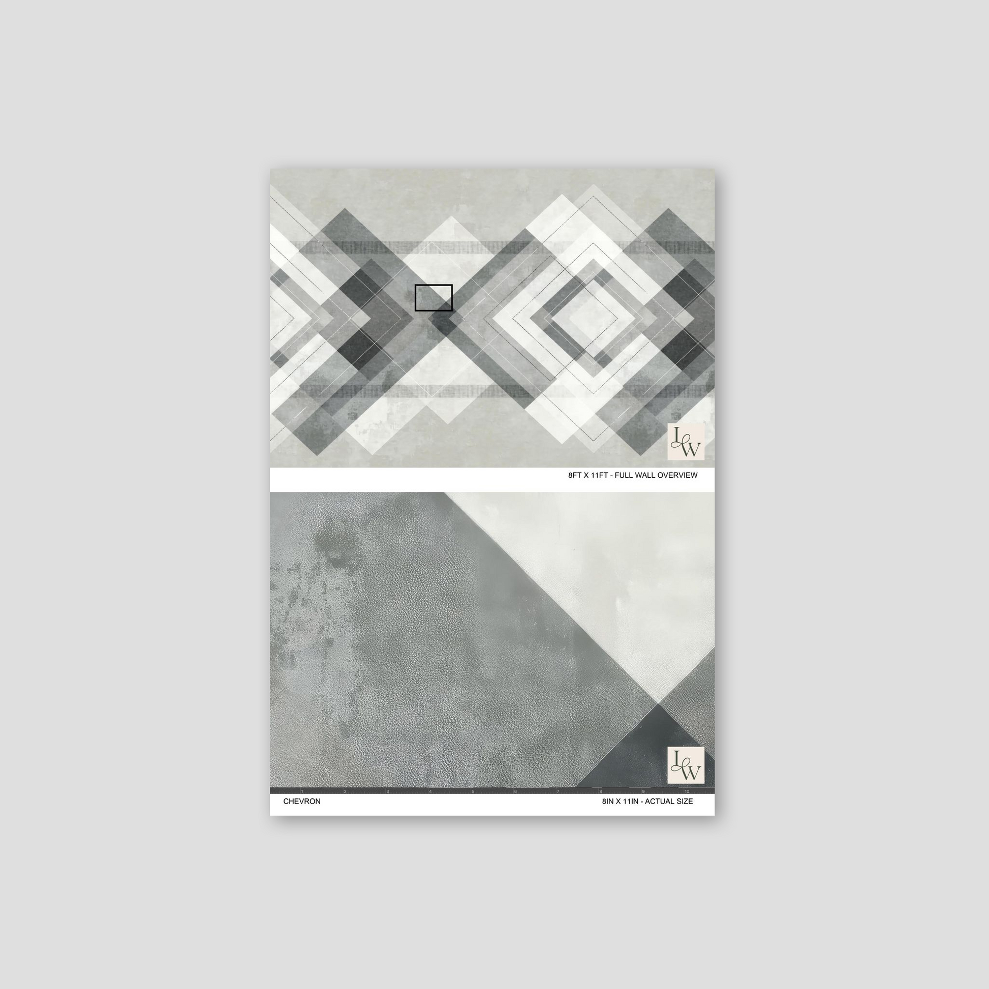 Chevron wallpaper with geometric diamond pattern in grey and white tones.