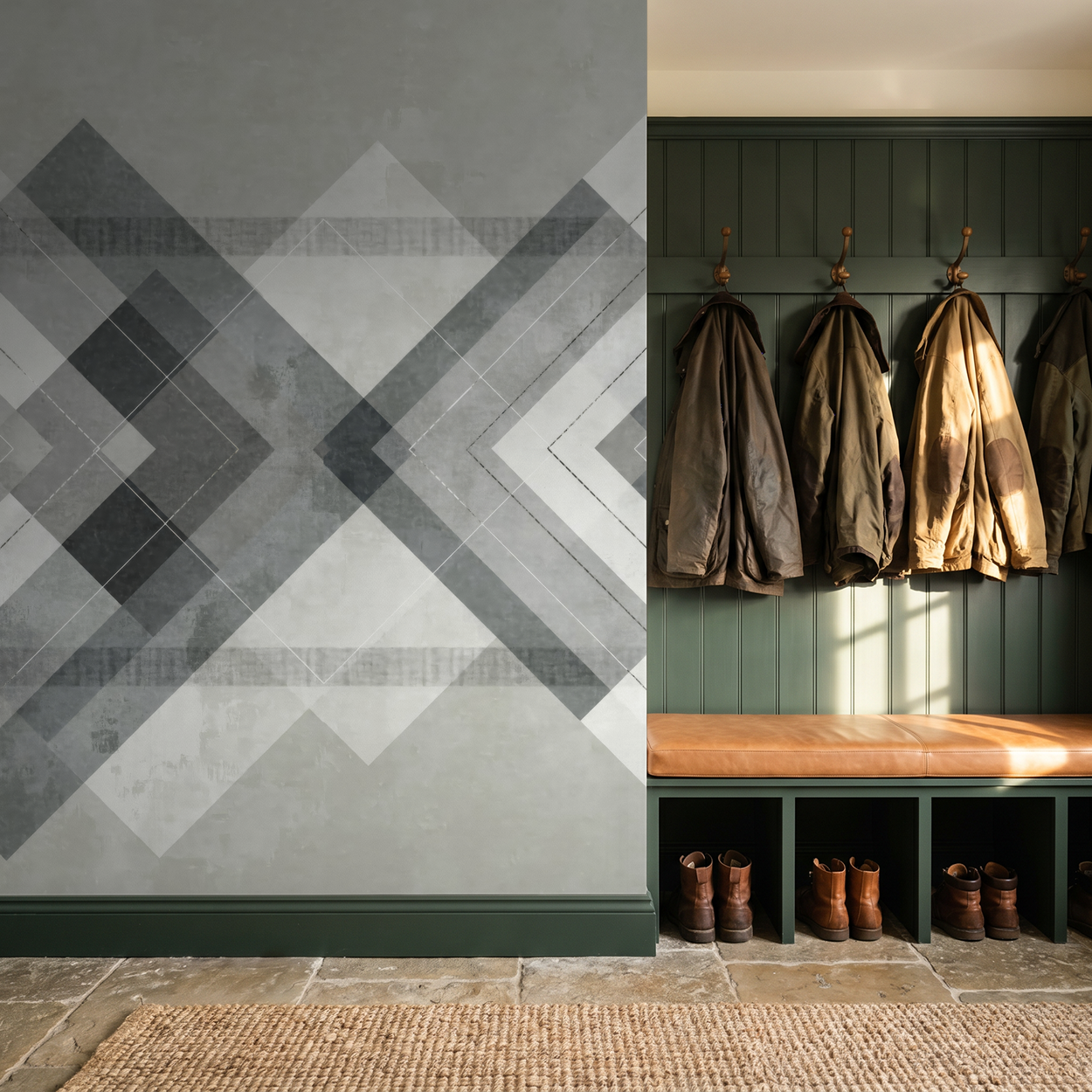 Chevron geometric grey and white wallpaper in modern entryway with coats and boots