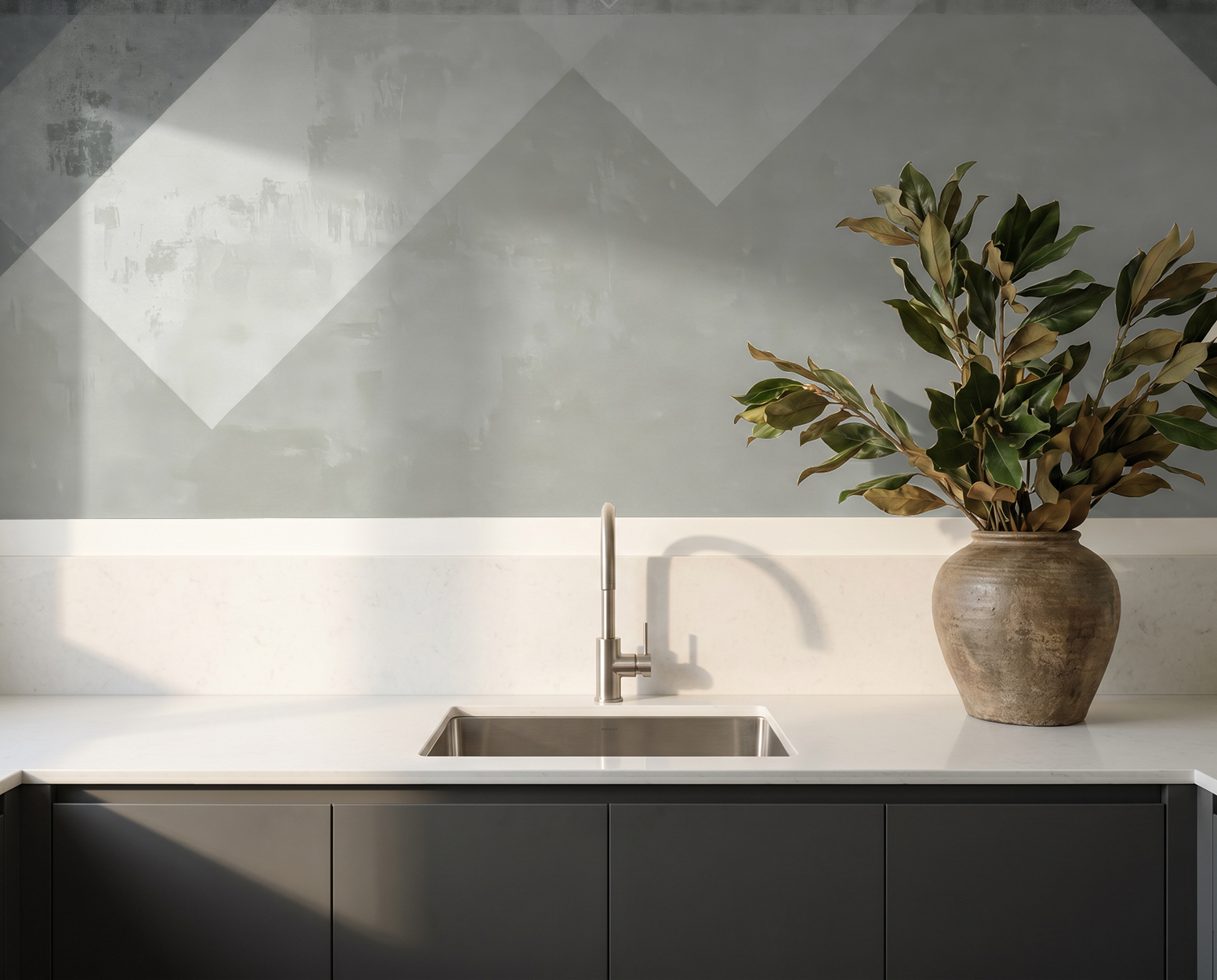 Chevron wallpaper with geometric grey and white pattern in modern kitchen setting.