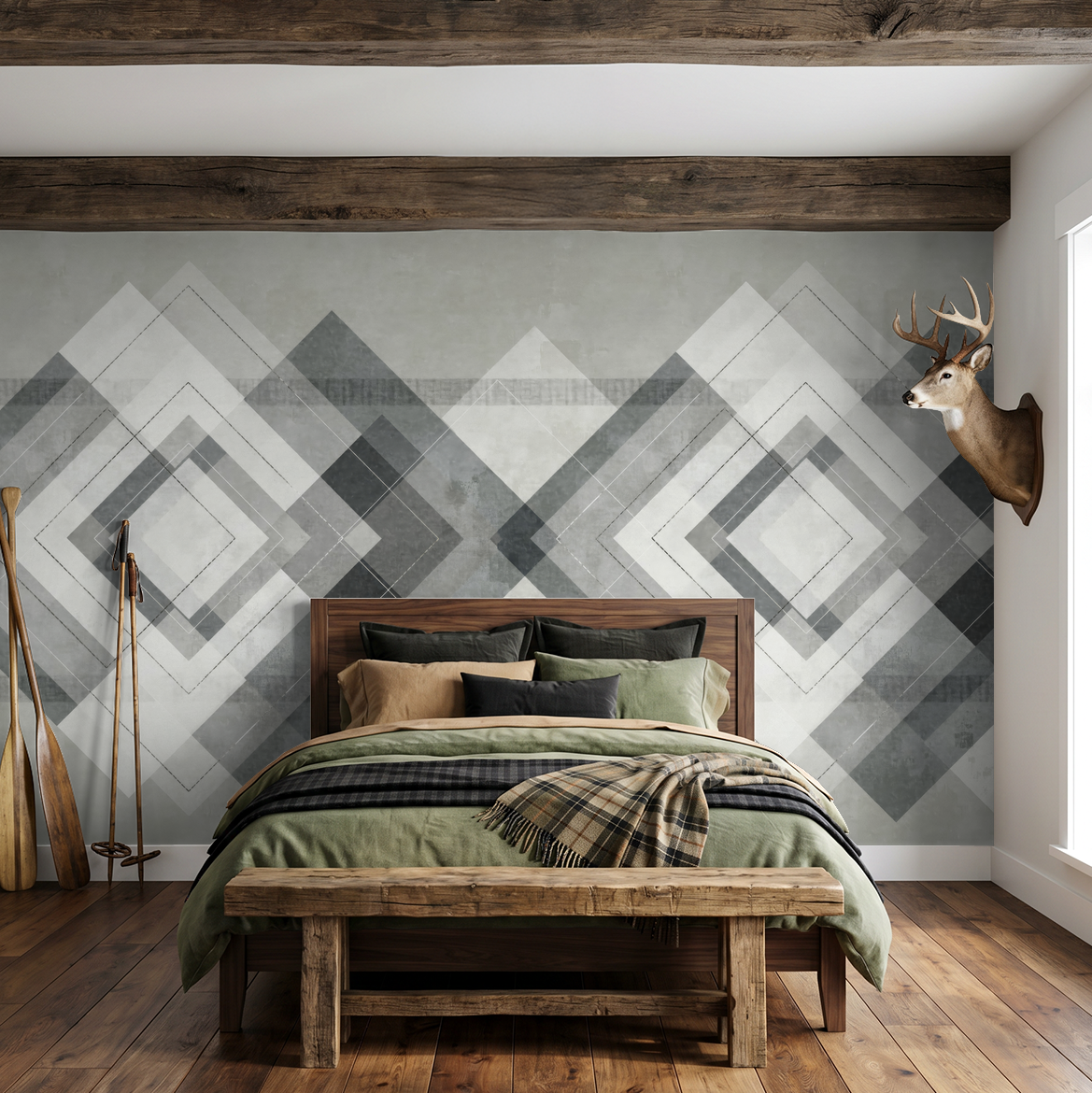 Chevron geometric grey and white wallpaper in rustic bedroom with wooden beams and decor.
