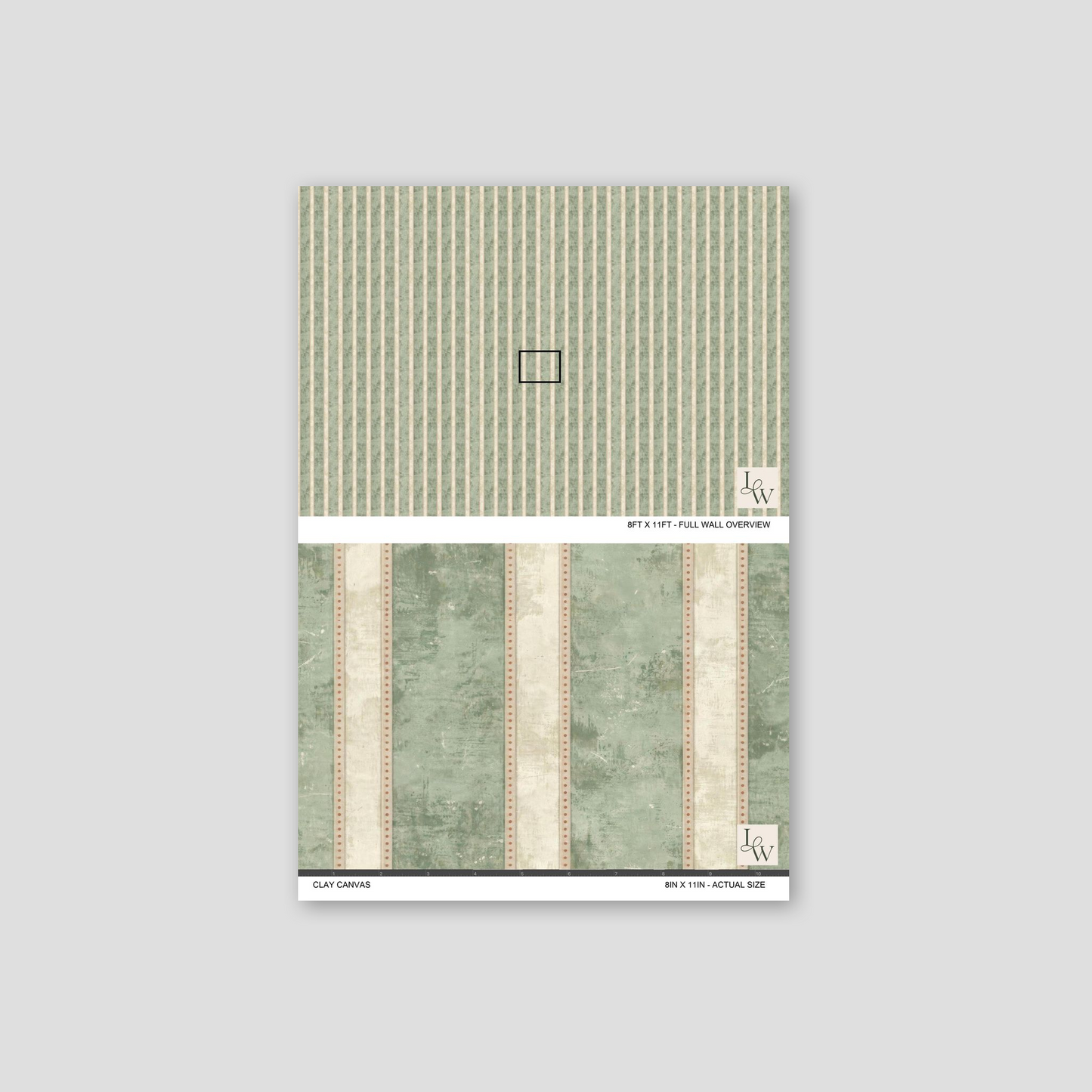 Clay Canvas wallpaper with muted sage and cream stripes, vintage style.