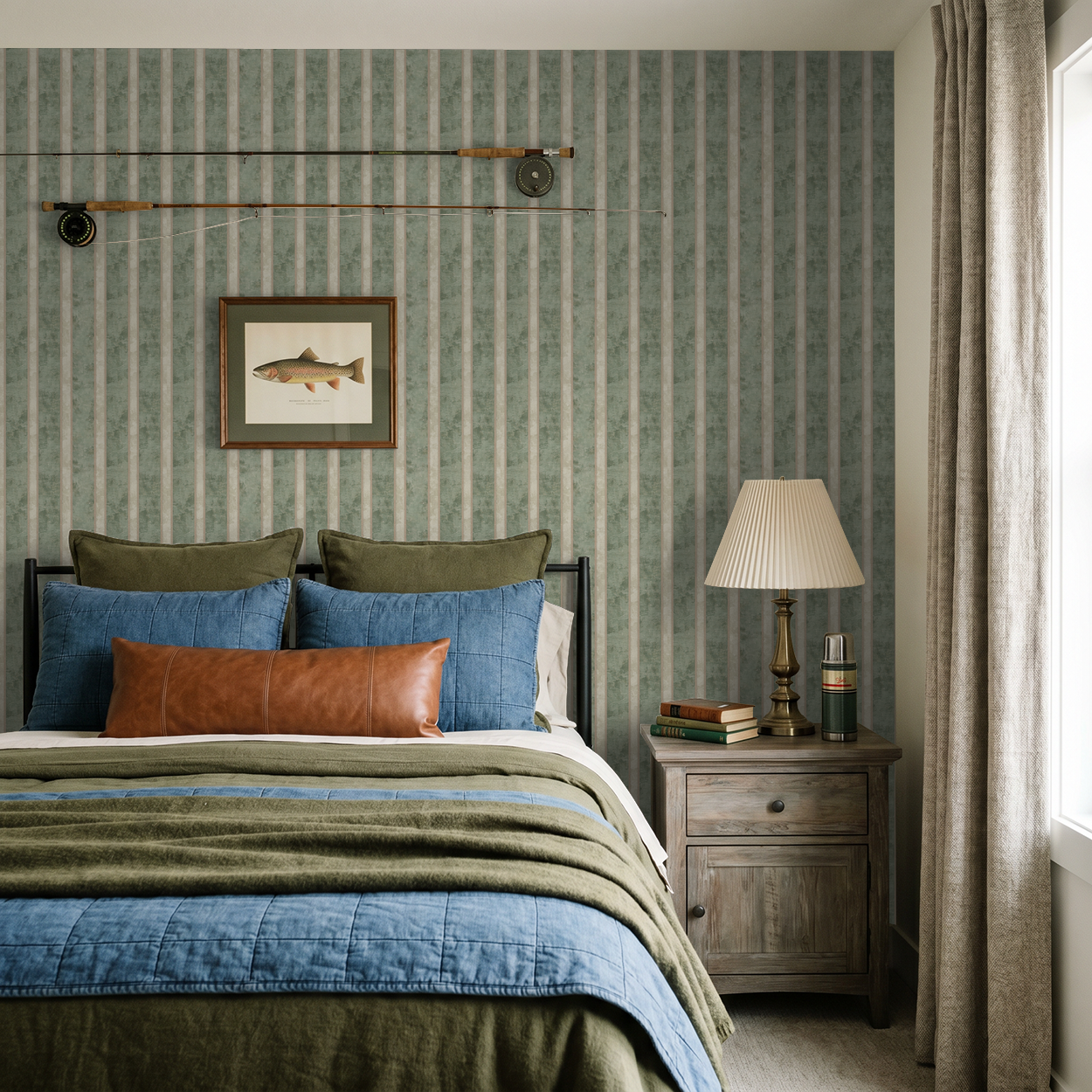 Clay Canvas wallpaper with sage and cream stripes in a cozy bedroom setting.