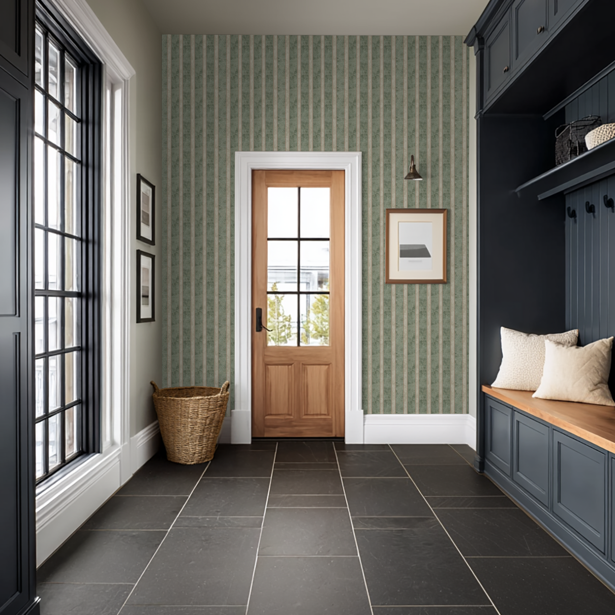 Clay Canvas wallpaper with sage and cream stripes in a classic entryway.