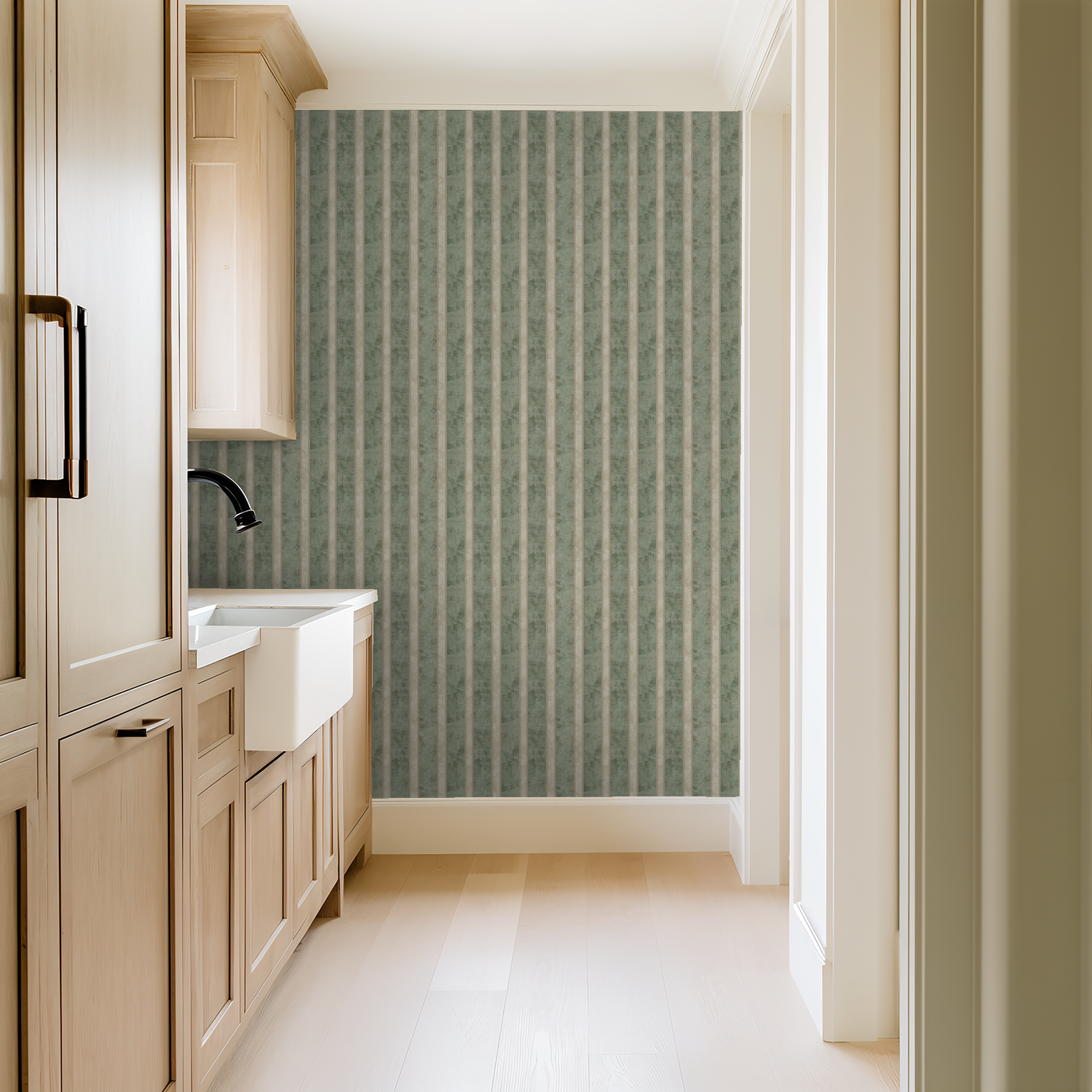 Clay Canvas wallpaper with muted sage and cream stripes in a classic kitchen setting.