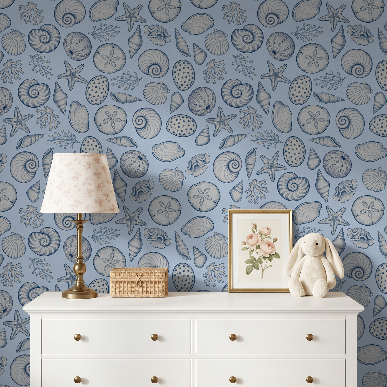 Coastal seashell and starfish wallpaper in a serene blue living room setting.