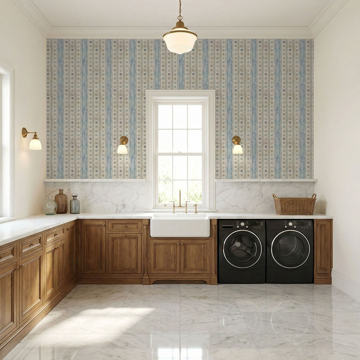 Coastal seashell stripe wallpaper in serene laundry room with wood cabinets.