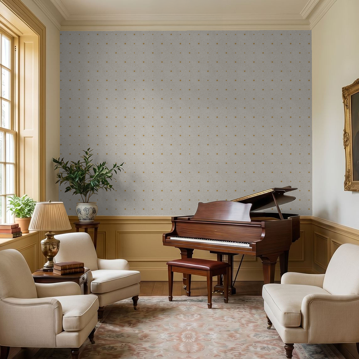Elegant living room with cream and gold geometric wallpaper, featuring a grand piano and armchairs.