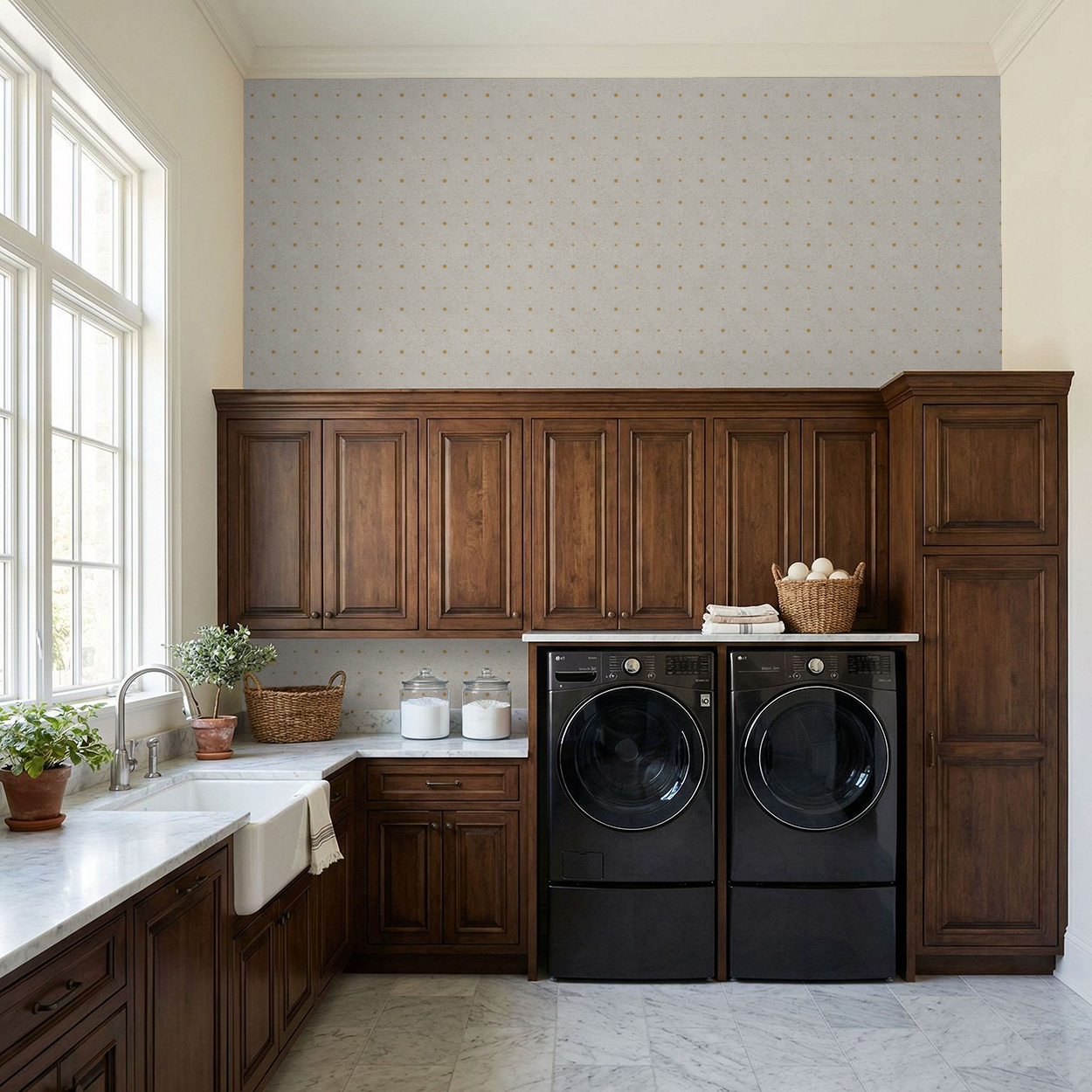 Laundry room with cream and gold geometric wallpaper, wooden cabinets, and modern appliances.