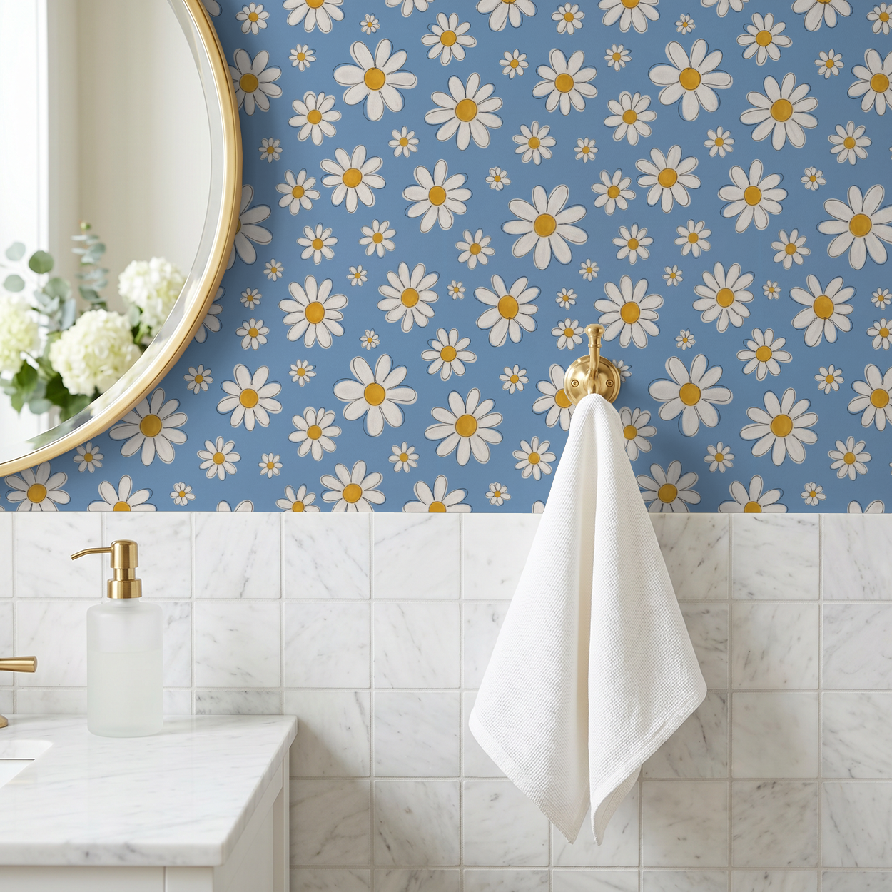 Daisy Delight wallpaper with white daisies on blue in a bathroom with marble tiles.