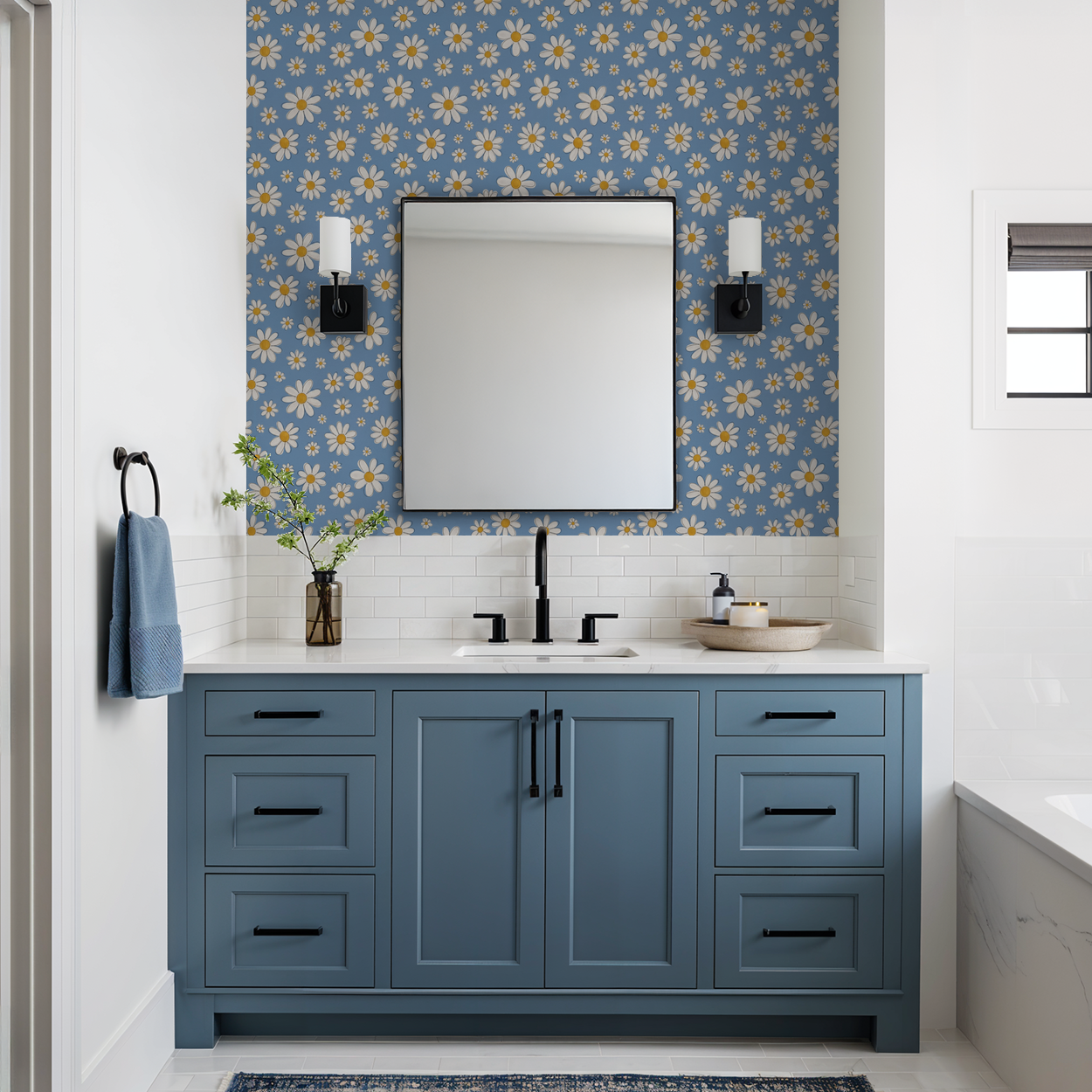 Daisy Delight wallpaper with blue background and white daisies in a modern bathroom.