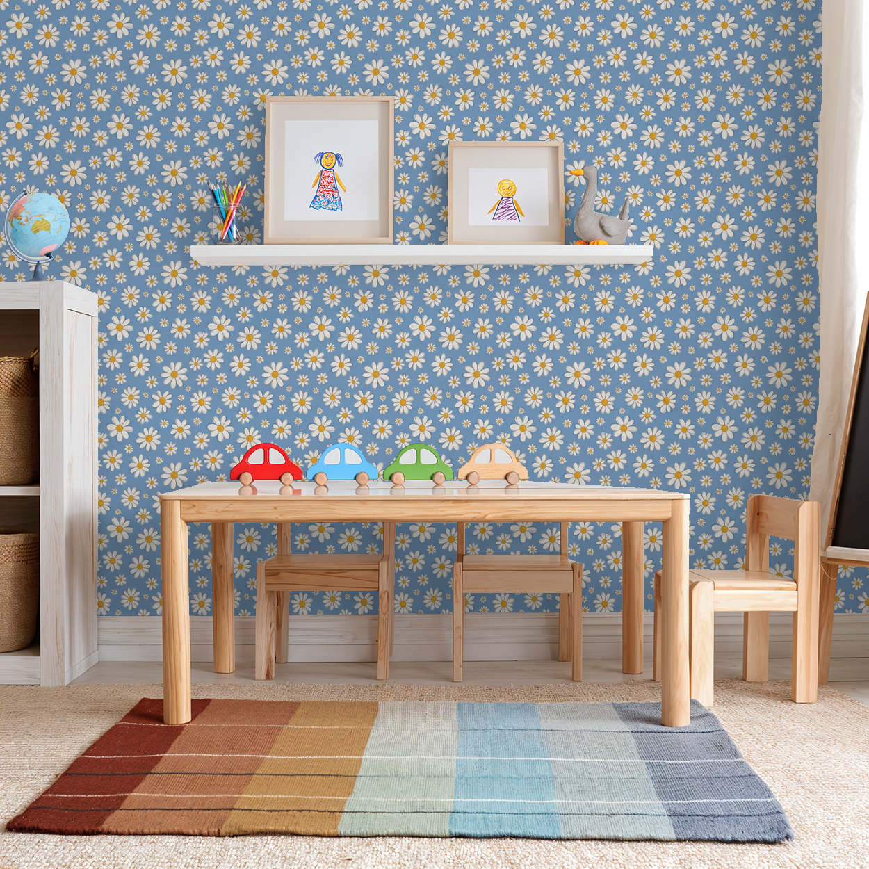 Whimsical daisy wallpaper in a playful kid's room with wooden furniture.