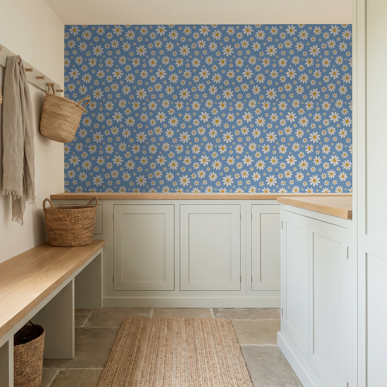Daisy Delight wallpaper with yellow and white daisies on blue in a modern room.