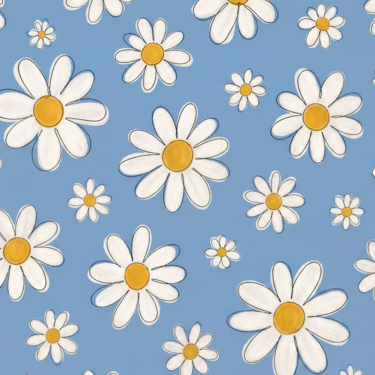 Blue wallpaper with white daisies and yellow centers in a playful pattern.