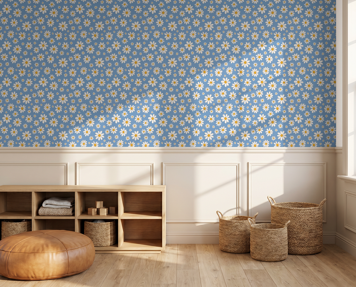 Daisy Delight wallpaper with white daisies on sky blue in a cozy room setting.