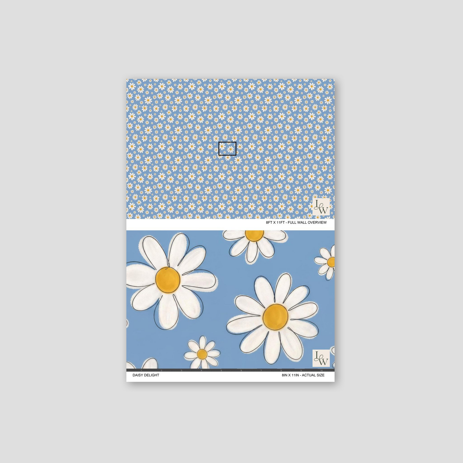 Daisy Delight wallpaper with white daisies on blue background sample.