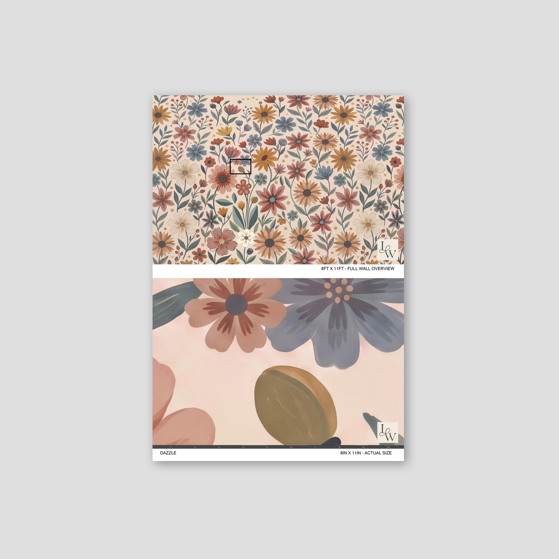 Floral wallpaper with terracotta, mustard, and blue flowers on a cream background.