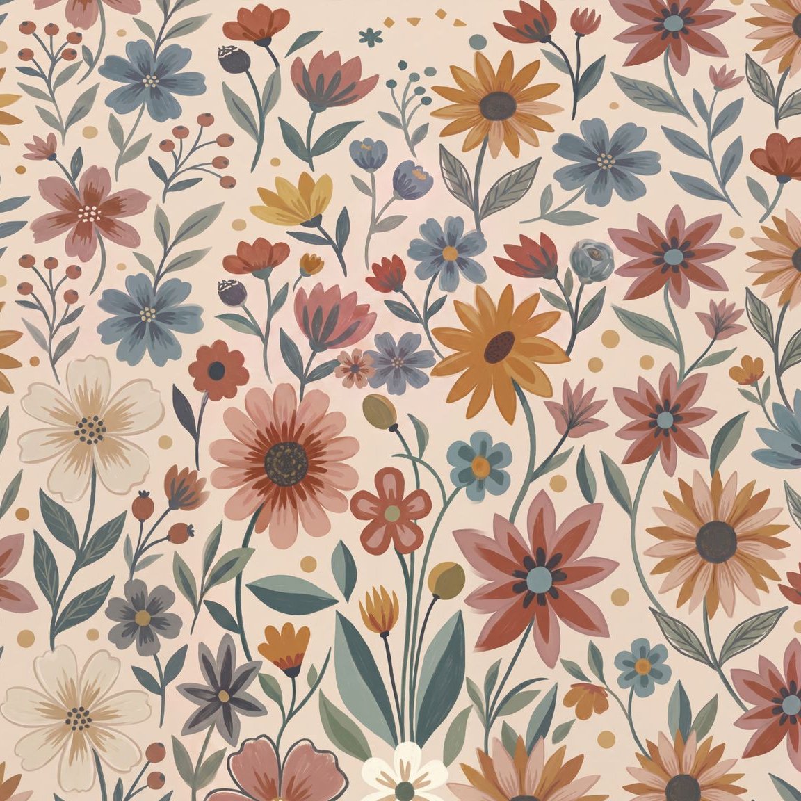 Floral wallpaper with terracotta, mustard, and blue flowers on creamy background.