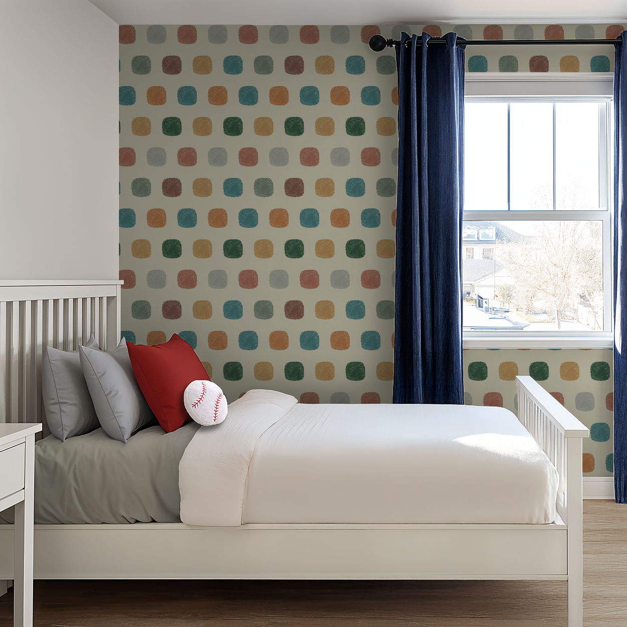 Dotty wallpaper with colorful rounded squares in a cozy bedroom setting.