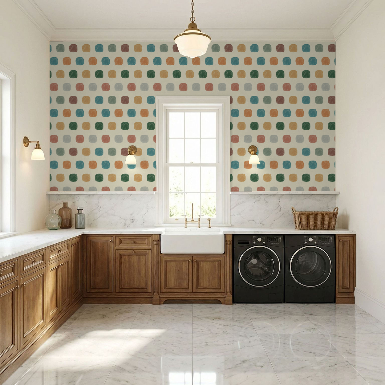 Geometric dotty wallpaper in muted earth tones in a modern laundry room setting.