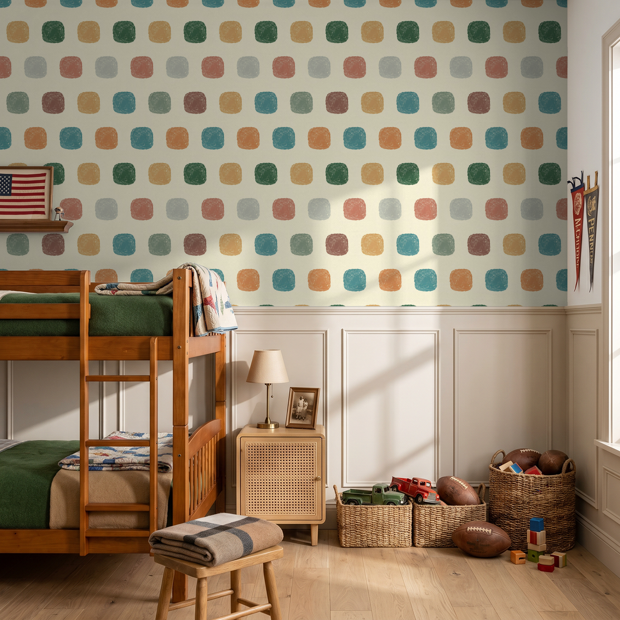 Dotty wallpaper with rounded squares in earthy tones in a cozy kids room.