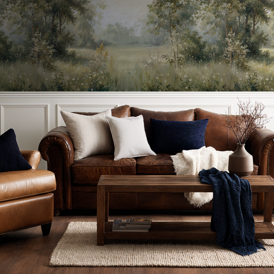 Eden's Embrace wallpaper with serene woodland scene in cozy living room setting.
