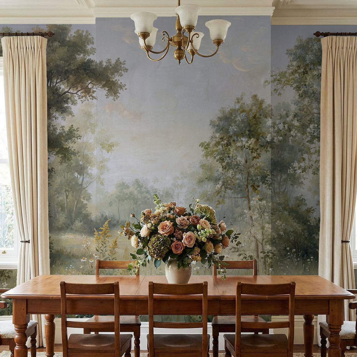 Eden's Embrace wallpaper with serene woodland scene in a classic dining room.
